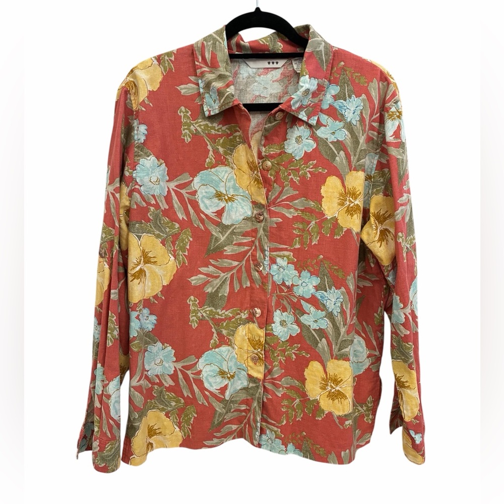 Hawaiian floral linen cotton blouse split hem shell
Buttons sz L